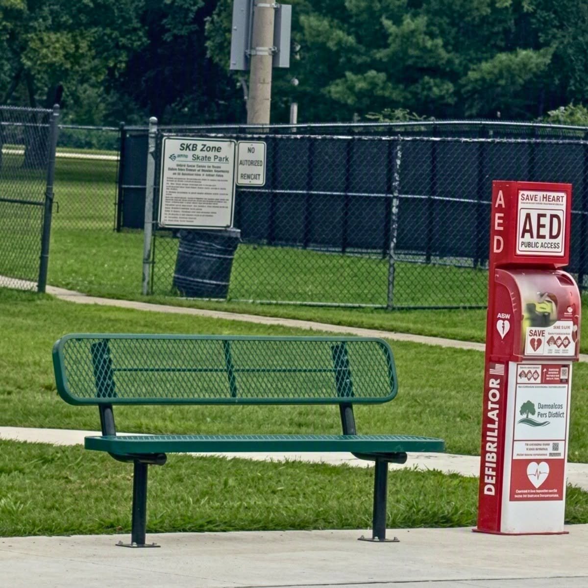 SaveHeart by HeartNation Tower with the Channahon Park District sponsor panel near the SKB Zone Skate Park at Central Park