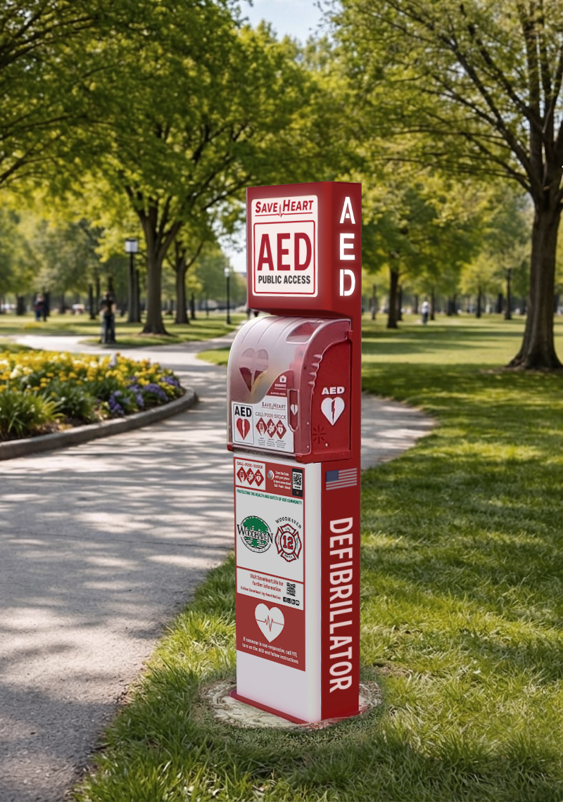 SaveHeart by HeartNation Tower outdoor AED cabinet with the City of Woodhaven and fire department emblems in a park